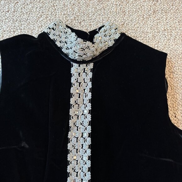 Vintage 70s Black Velvet Column Dress | Silver Thread & Beading | Mod Evening - Picture 2 of 11